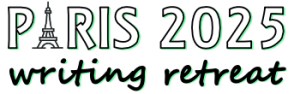 Paris 2025 writing retreat logo with the A replaced by an image of the Eiffel Tower. 